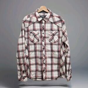 BKE Shirt Men Large Red Plaid Athletic Long Sleeve Pearl Snap Western Rodeo